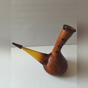 1970's Spanish Wine Decanter Made Amber Glass With Leather Decor 1 Wood Stopper